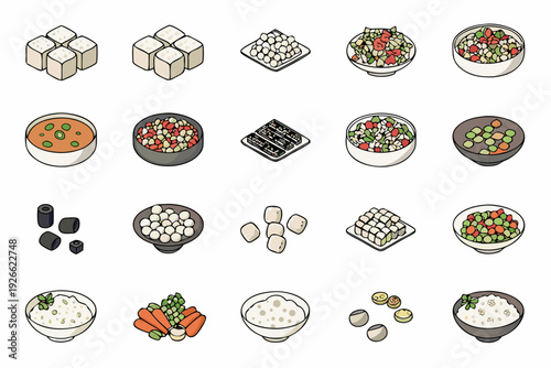 Isometric illustrations of various foods including tofu salads and rice