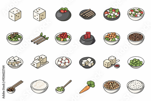 Isometric illustrations of various food items and ingredients arranged in rows