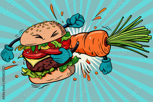 Anthropomorphic burger and carrot engage in a dynamic comical fight scene