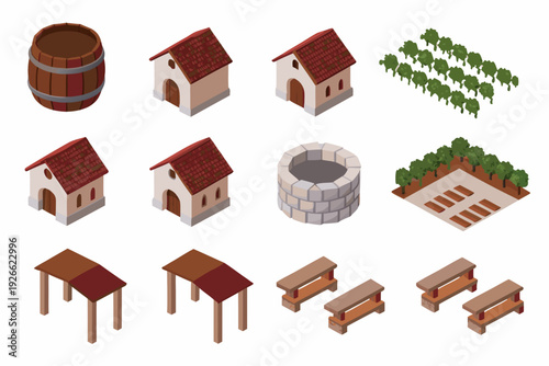 Isometric village elements including buildings furniture and a wine barrel