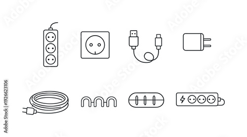 Home electronics accessories set: power strip, wall outlet, USB cable, charging adapter, extension cord, cable clip, cable organizer, surge protector