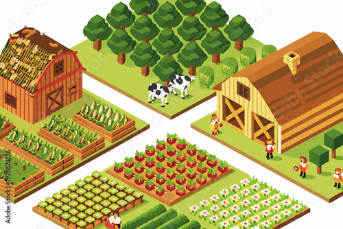 Isometric farm illustration featuring buildings fields and farm workers