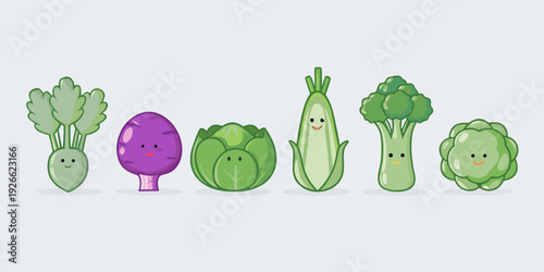 Cute cartoon vegetables with smiling faces arranged in a row