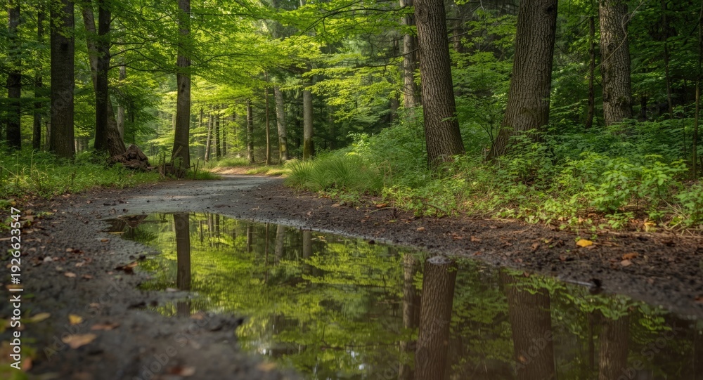 Fototapeta premium Calm woodland area presenting a muddy trail lined with diverse trees and ground plants with a puddle reflecting the vivid flora