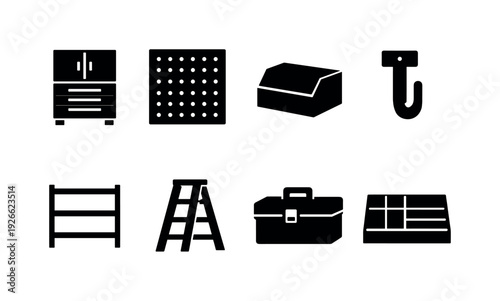 Home workshop storage: tool cabinet, pegboard, storage bin, wall hook, shelving unit, ladder, toolbox, drawer organizer