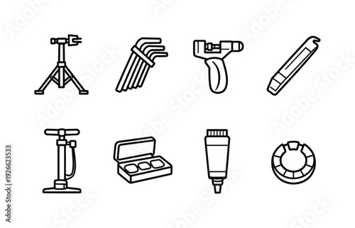 Bike repair tools: bike stand, hex wrench, chain tool, tire lever, floor pump, patch kit, grease tube, spoke wrench