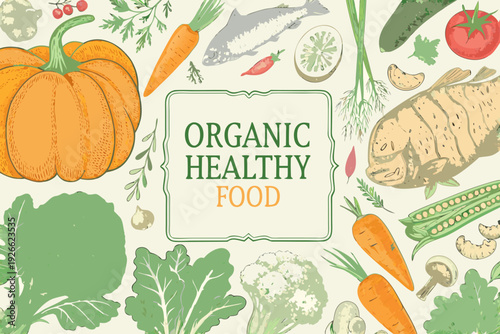 A colorful illustration of fresh organic vegetables and fruits surrounding text