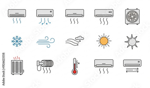 Air Conditioner Air Flow Temperature Climate Icon Set Vector
