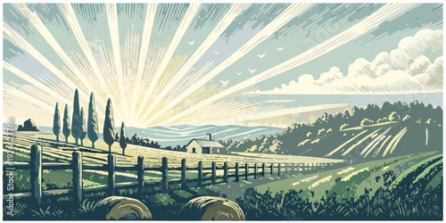 A serene countryside landscape with a radiant sunrise and distant hills