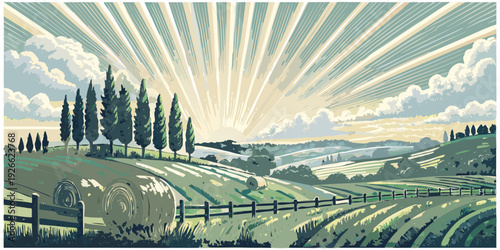 Rolling hills and cypress trees under a radiant sunburst sky