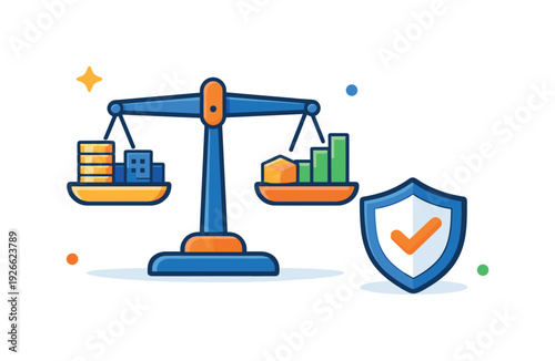 Corporate risk diversification and asset protection strategy designed to maintain stability during market fluctuations, a balanced scale positioned