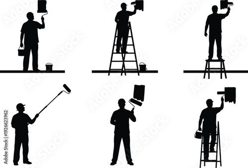 Set of professional house painter silhouettes, standing, climbing ladders, and using rollers and brushes for decorating and home improvement projects
