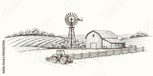 A vintage farm scene with a barn windmill tractor and rolling hills