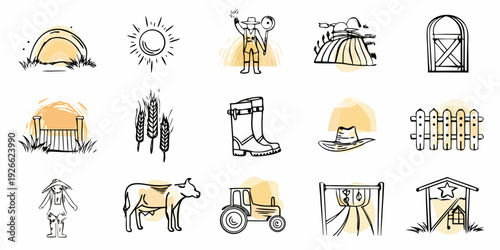 Collection of hand drawn farm icons including sun animals and buildings