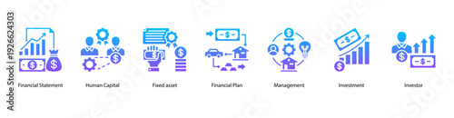 Capital Investment web banner vector illustration featuring Financial Statement, Human Capital, Fixed Asset, Financial Plan, Management, Investment, and Investor.