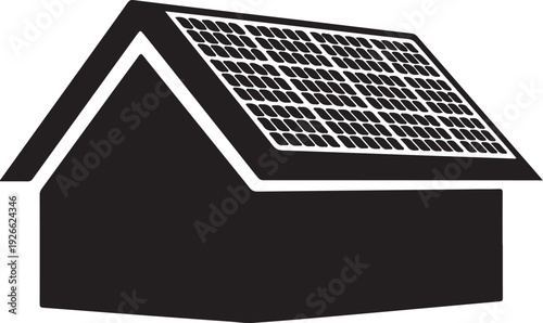 Black house with solar panels on roof white background