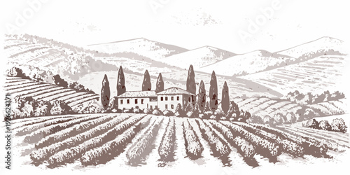 A vintage sketch depicts a tuscan villa surrounded by vineyards and hills