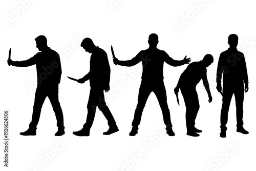 Set of dangerous men silhouettes holding knives in different poses