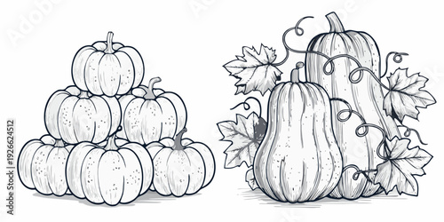A charming sketch depicts a stacked pile and cluster of pumpkins