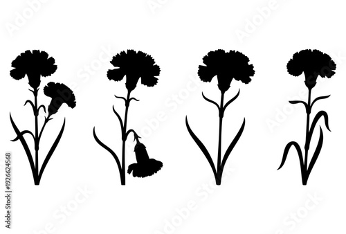 Set of four black carnation flower silhouettes with leaves and stems
