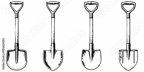 Four vintage illustrations of garden shovels in a row