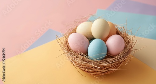 Pastel colored eggs in a wo...