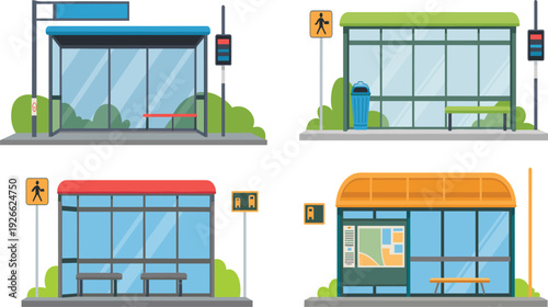 Modern bus stop shelter vector illustration set, public transport station icons, urban city infrastructure design elements