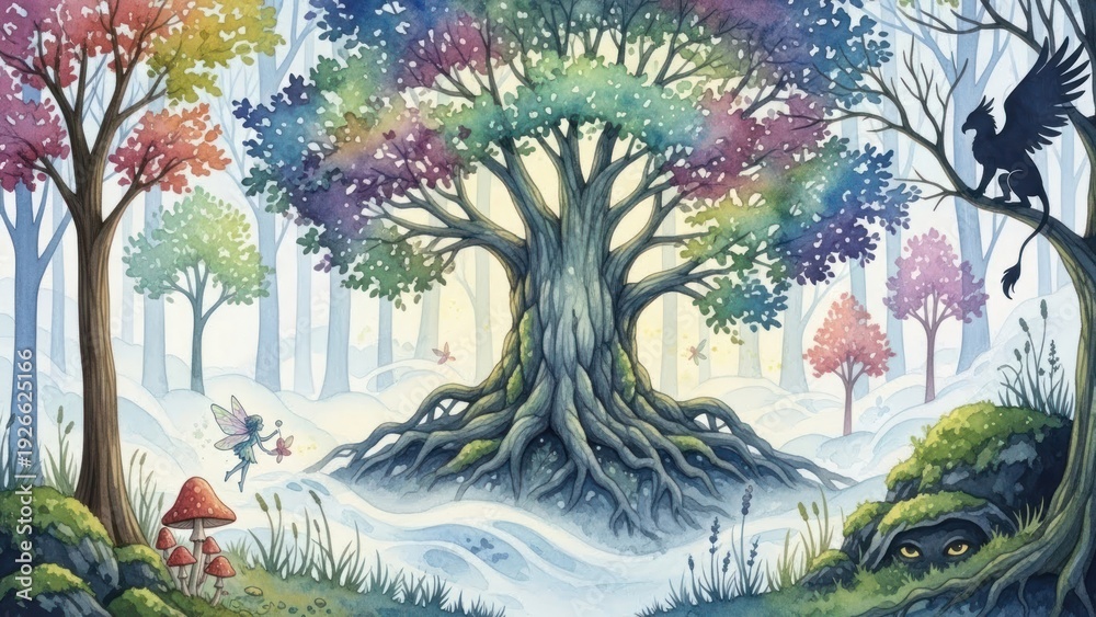 Obraz premium Fantasy forest scene with colorful trees and magical elements
