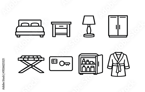 Hotel room items: bed, bedside table, table lamp, wardrobe, luggage rack, room key card, minibar, bathrobe