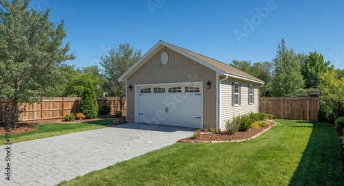 Detached backyard garage featuring clapboard siding and driveway access