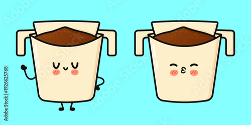 Cute kawaii drip coffee filter characters expressing greetings and emotions