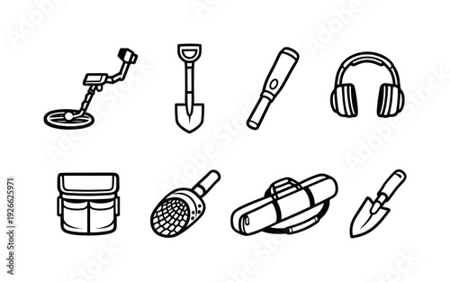 Metal detecting tools: metal detector, digging shovel, pinpointer, headphones, finds pouch, sand scoop, carrying bag, hand trowel
