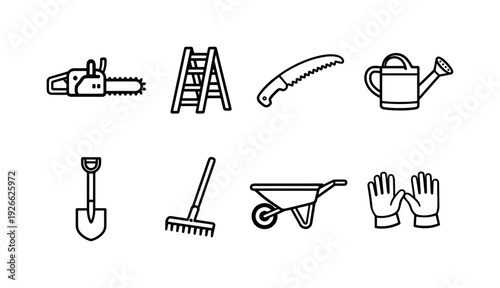 Garden tree care tools: chainsaw, ladder, pruning saw, watering can, shovel, rake, wheelbarrow, garden gloves