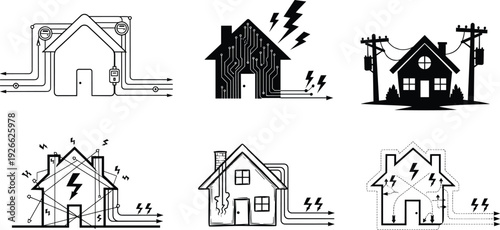 Silhouette and circuit-style illustration of houses with electrical wiring, power flow, energy distribution and modern smart home electricity connection concept for technology themes