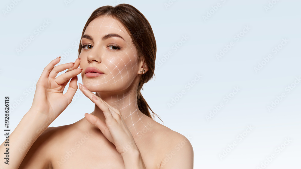 Fototapeta Modern poster woman portrait touching face with facial grid overlay. Concept of personalized skincare program visualization, cosmetic assessment service and medspa branding content.