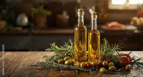 Olive oil bottles and green...