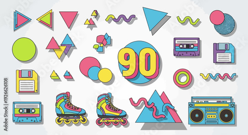 Vibrant collection of 90s retro elements including geometric shapes, cassette tapes, floppy disks, roller skates, and a boombox, showcasing a nostalgic aesthetic.