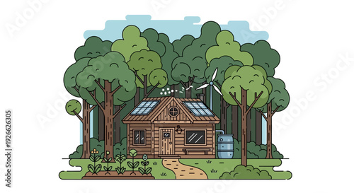 Eco-friendly wooden cabin with solar panels and wind turbine nestled in a lush forest, featuring a small garden and rainwater collection system.