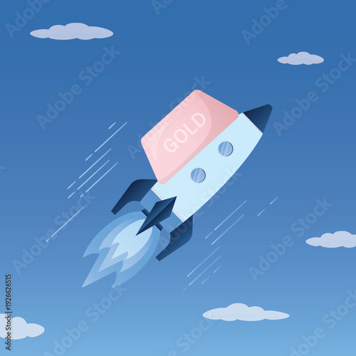 Gold price rising up. Rocket with gold bar flying high up into the sky. Precious metals price skyrocket reaching record high due to crisis. Concept of cost rising. Defensive asset