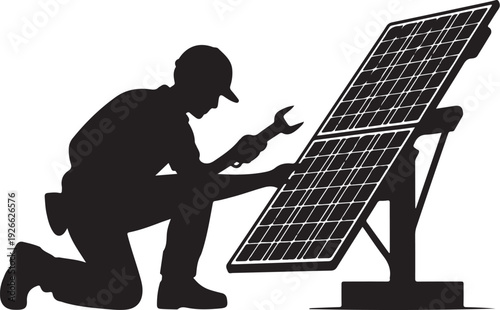 Black silhouette man installing solar panel installation