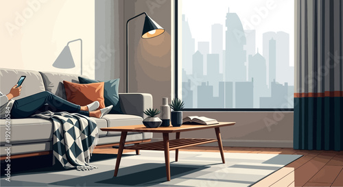 A person relaxing on a sofa in a modern apartment with a large window overlooking a cityscape.