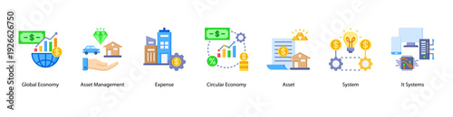 Global Assets web banner vector illustration featuring Global Economy, Asset Management, Expense, Circular Economy, Asset, System, and IT Systems.