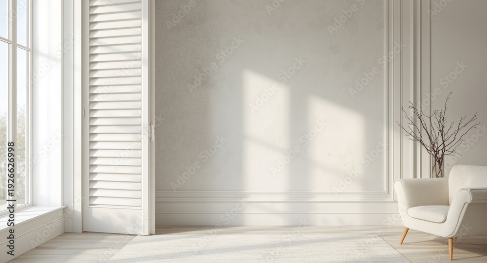 Fototapeta premium Modern luxury bedroom featuring sleek white indoor plantation shutters and minimalist style