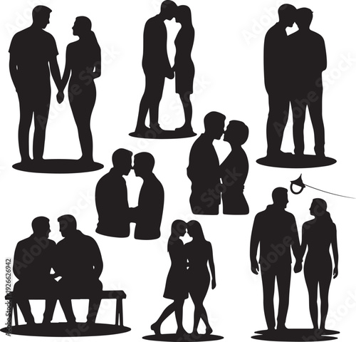 black silhouettes of people in various romantic poses