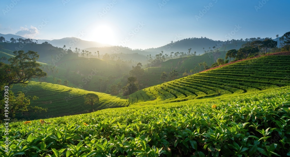 Fototapeta premium Sunlit Tea Plantation Rows on Fertile Hillsides