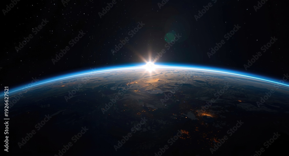 Fototapeta premium Planet Earth at sunrise featuring blue light from outer space