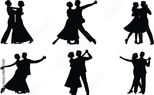 Black ballroom dancing couple silhouettes vector set, man and woman elegant dance poses for event design