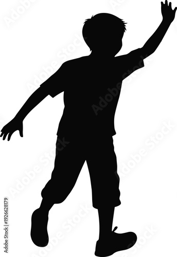 Silhouette boy raising hand, active child posing playfully, dynamic youthful motion, energetic kid illustration, expressive playful movement captured in simple clean vector design