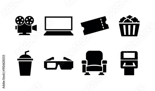 Movie theater equipment: film projector, cinema screen, movie ticket, popcorn bucket, soda cup, 3D glasses, cinema seat, ticket scanner