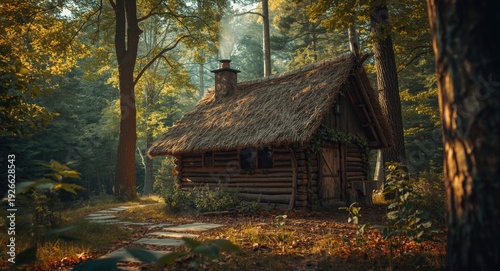 Rustic cabin with a thatche...
